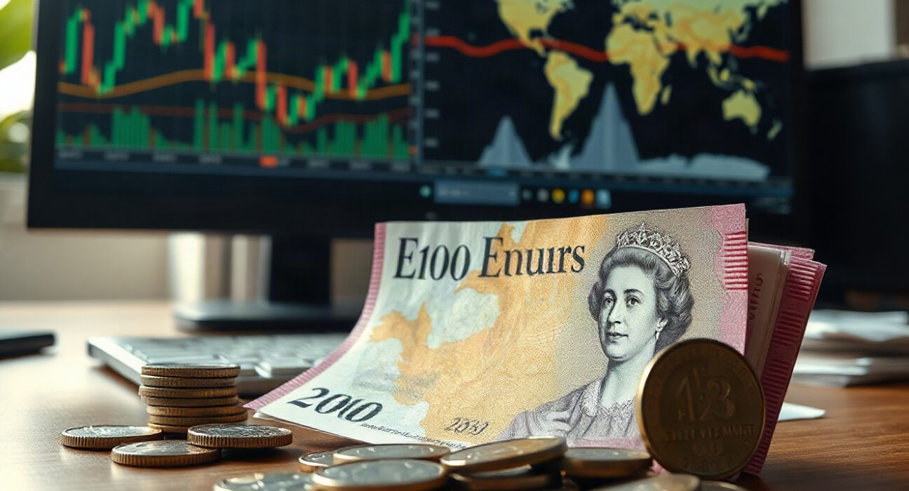British pound banknotes and coins on a desk with a financial chart in the background