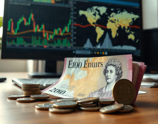 British pound banknotes and coins on a desk with a financial chart in the background
