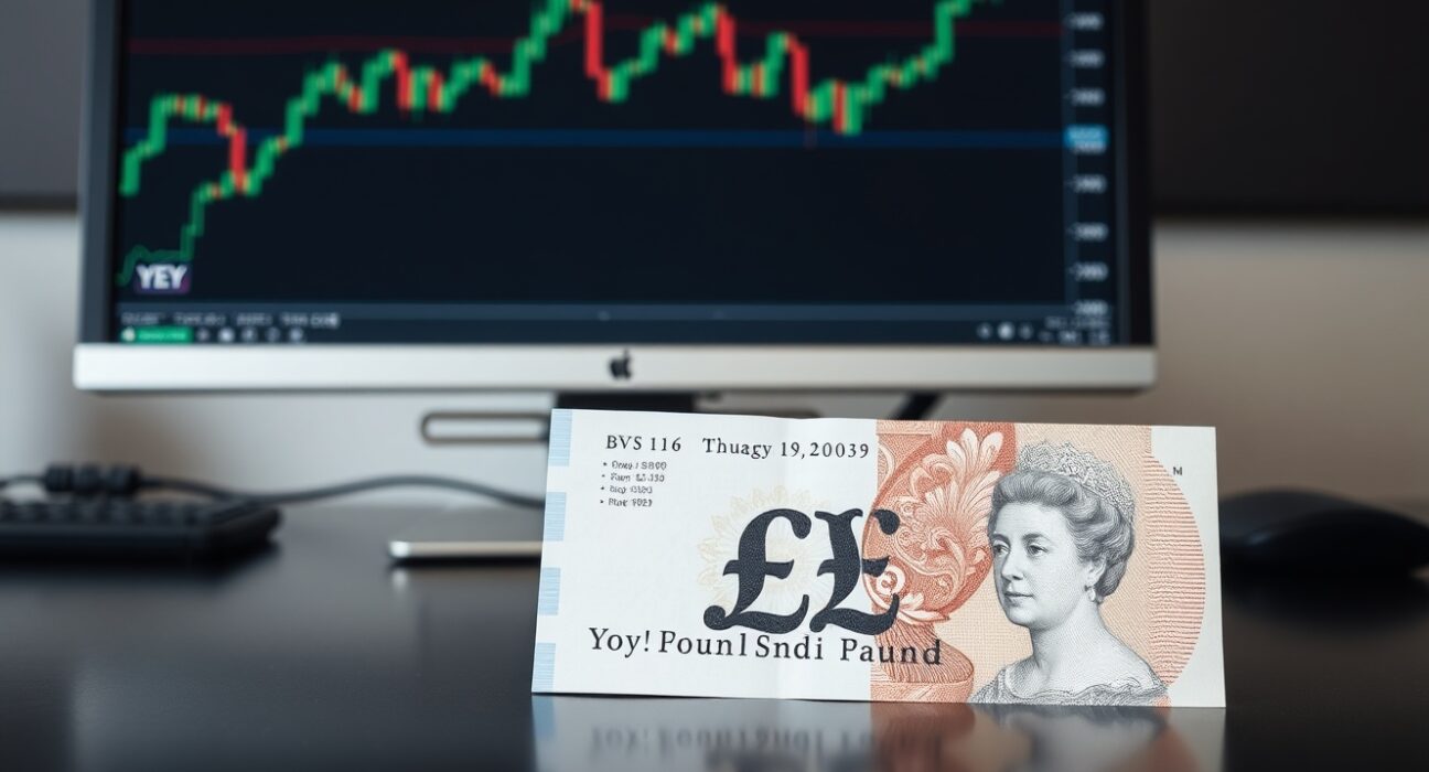 British Pound and Japanese Yen banknotes on a trading desk with a bullish chart on a monitor in the background.