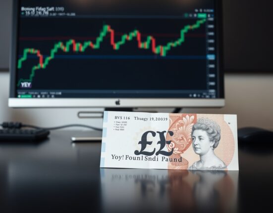 British Pound and Japanese Yen banknotes on a trading desk with a bullish chart on a monitor in the background.