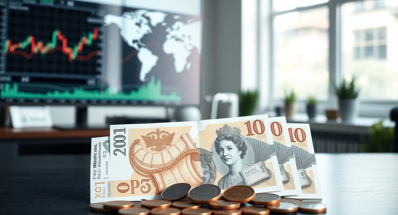 British Pound banknotes and coins on a desk with financial charts and world map in background