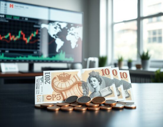 British Pound banknotes and coins on a desk with financial charts and world map in background