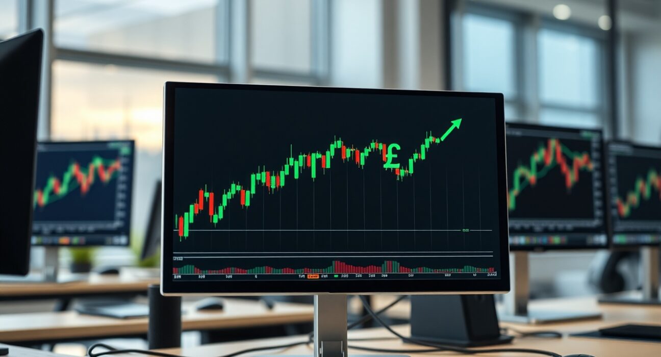 Trader monitoring GBP/USD chart on multiple screens in a modern London office