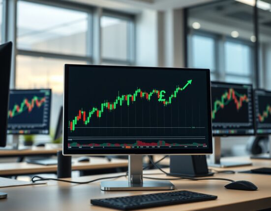 Trader monitoring GBP/USD chart on multiple screens in a modern London office