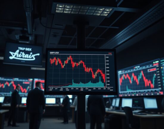 Forex trading screens show GBP/USD decline amid geopolitical tensions over Hormuz attacks
