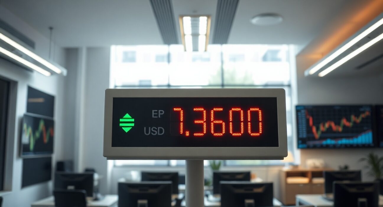Digital trading screen showing GBP/USD exchange rate at 1.3600 in a professional financial office setting.