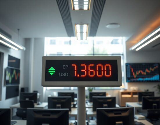 Digital trading screen showing GBP/USD exchange rate at 1.3600 in a professional financial office setting.