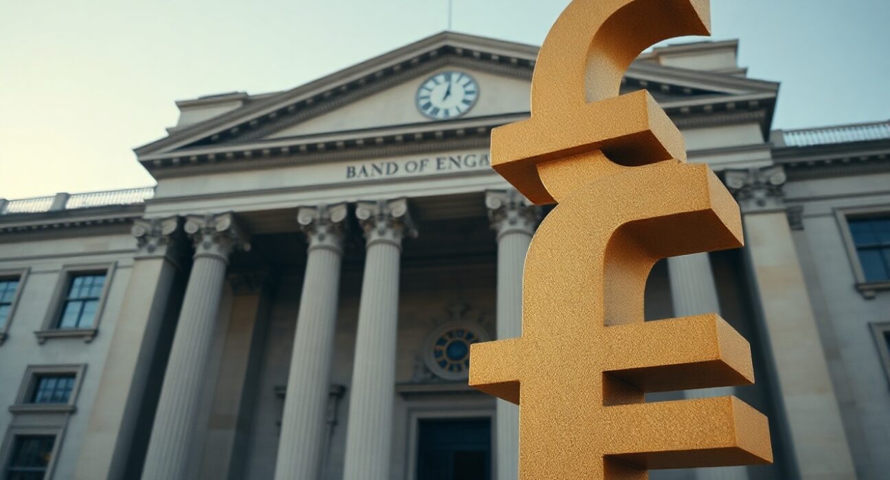 Bank of England building in London on a clear day, symbolizing monetary policy decisions affecting the British pound.