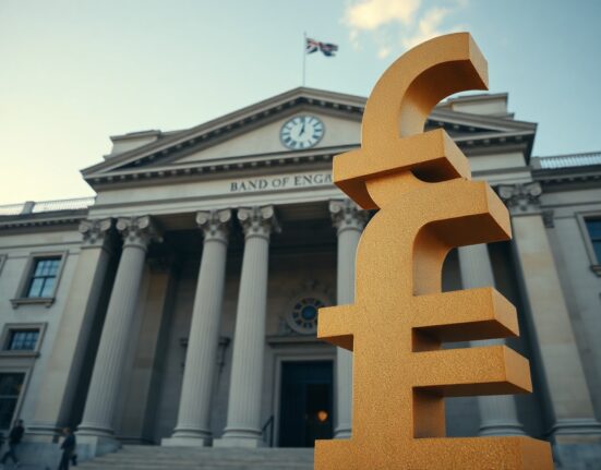 Bank of England building in London on a clear day, symbolizing monetary policy decisions affecting the British pound.