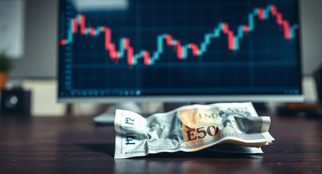 British Pound banknote on desk with blurred financial charts in background