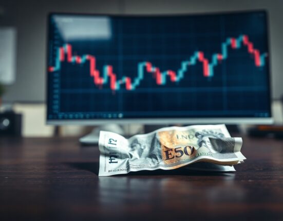 British Pound banknote on desk with blurred financial charts in background