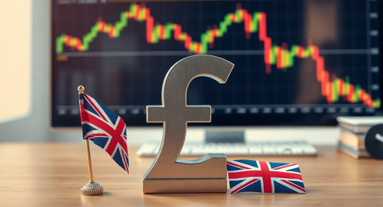 British pound symbol on a desk with a Union Jack flag and financial charts in the background