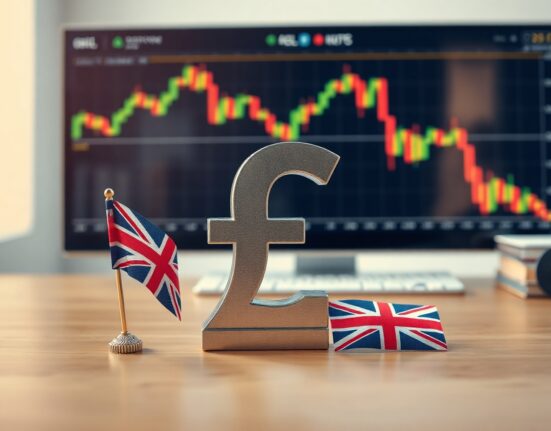 British pound symbol on a desk with a Union Jack flag and financial charts in the background