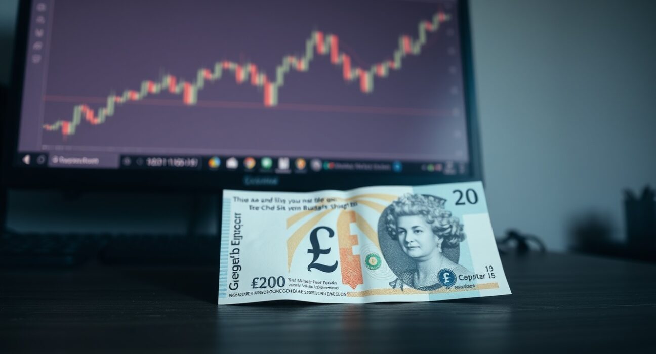 Close-up of a British £20 banknote on a desk with a muted GBP/USD chart on a monitor in the background.