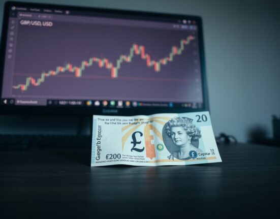Close-up of a British £20 banknote on a desk with a muted GBP/USD chart on a monitor in the background.