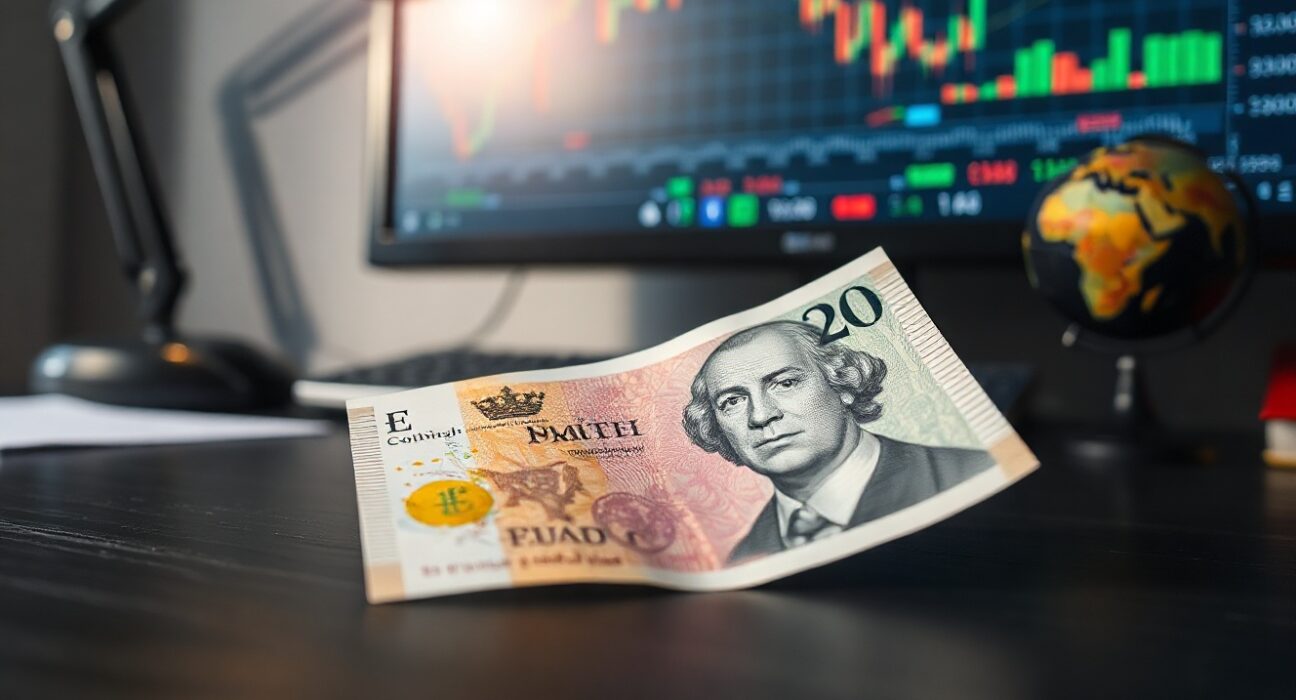British Pound Sterling banknote on desk with financial charts in background