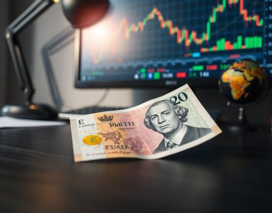 British Pound Sterling banknote on desk with financial charts in background