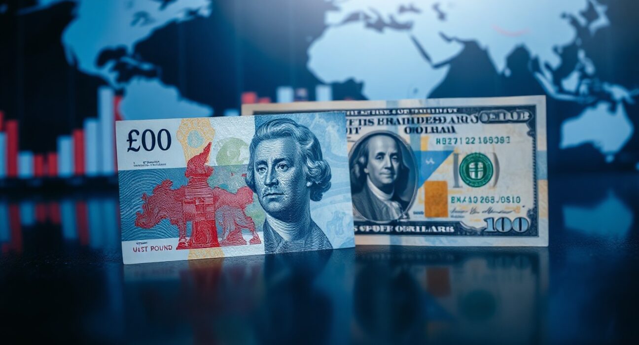 British pound and US dollar banknotes on a reflective surface, symbolizing currency exchange analysis.