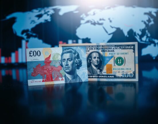 British pound and US dollar banknotes on a reflective surface, symbolizing currency exchange analysis.