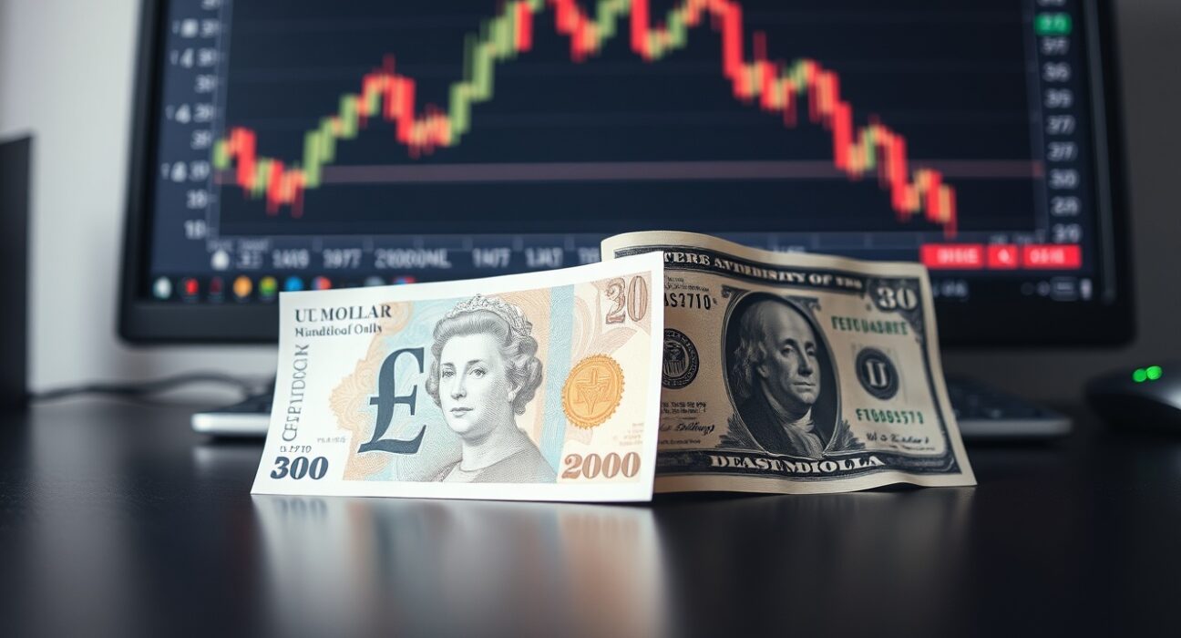 British Pound and US Dollar banknotes on a desk with a blurred forex chart in the background