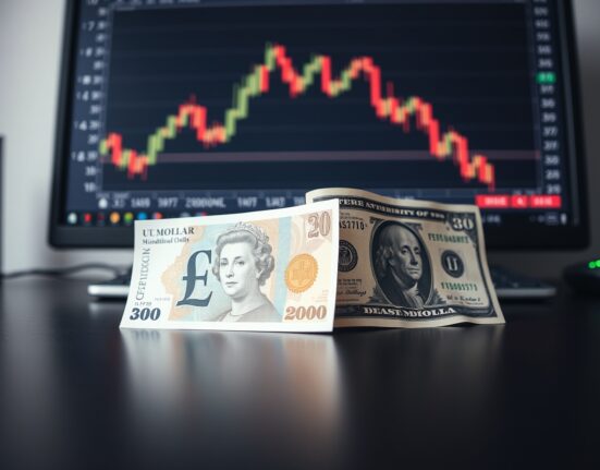 British Pound and US Dollar banknotes on a desk with a blurred forex chart in the background
