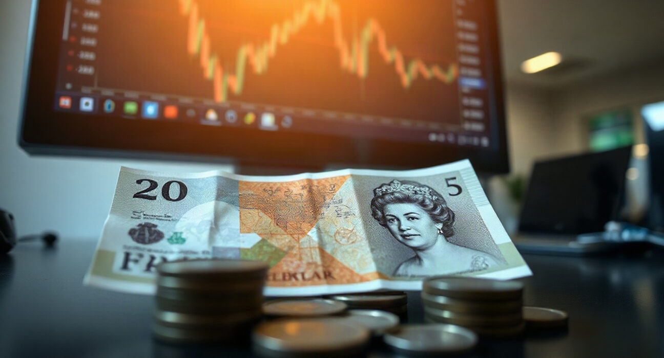 British pound banknotes and coins on a financial desk with trading charts in the background