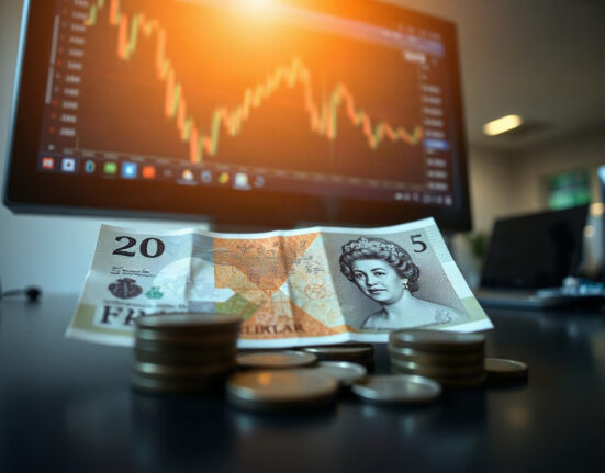 British pound banknotes and coins on a financial desk with trading charts in the background