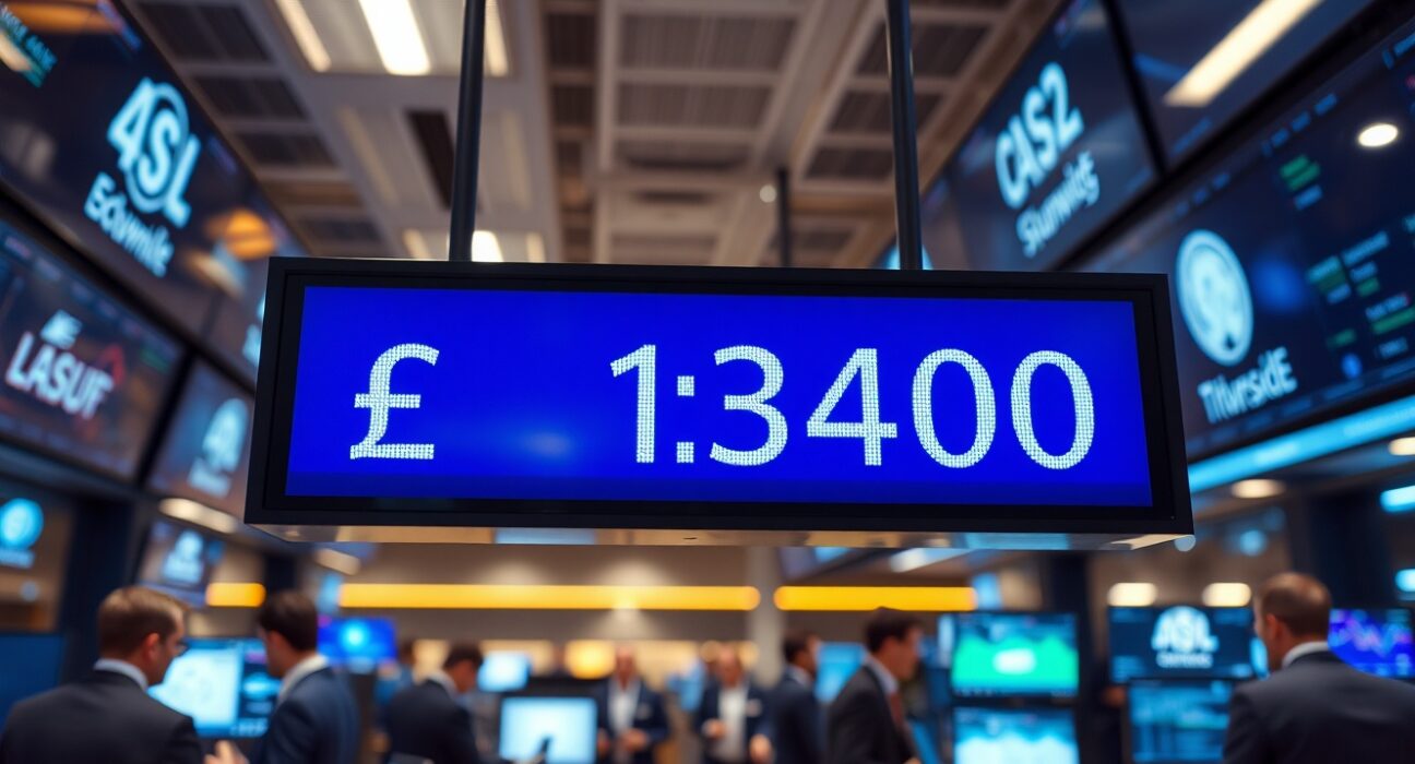 Digital trading screen showing GBP/USD exchange rate near 1.3400 in a London financial office