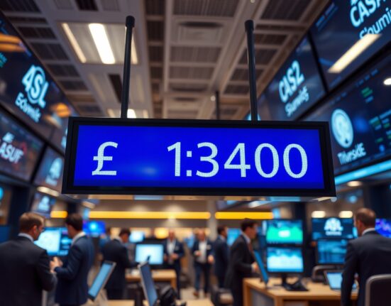 Digital trading screen showing GBP/USD exchange rate near 1.3400 in a London financial office
