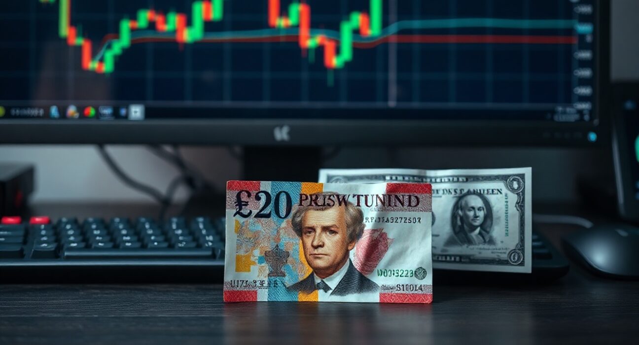 British Pound and US Dollar banknotes on a trading desk with financial charts in background