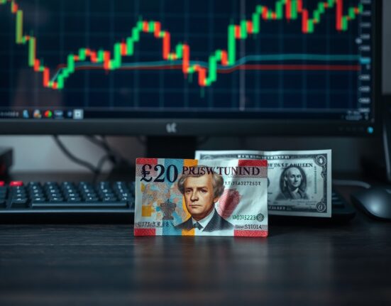 British Pound and US Dollar banknotes on a trading desk with financial charts in background