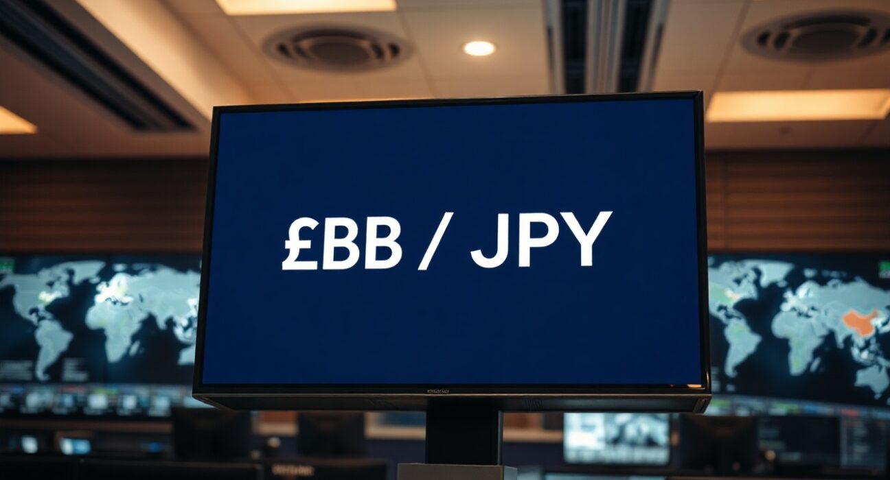 Digital trading screen showing GBP/JPY exchange rate with geopolitical news background