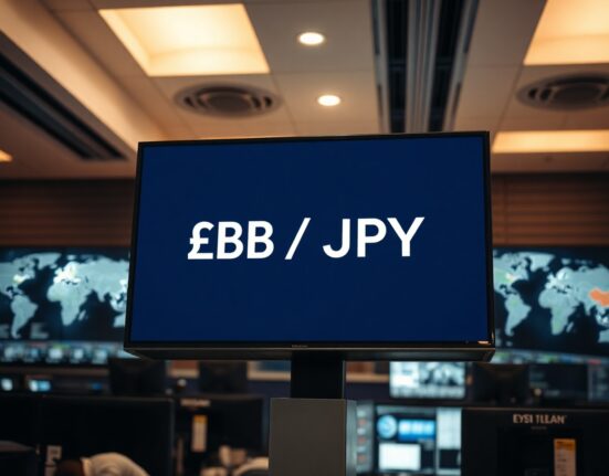 Digital trading screen showing GBP/JPY exchange rate with geopolitical news background