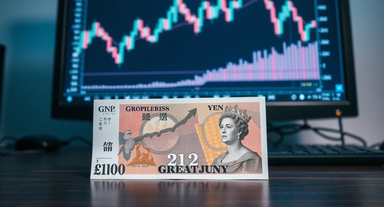 British Pound and Japanese Yen banknotes with a GBP/JPY chart showing a decline near 212.00