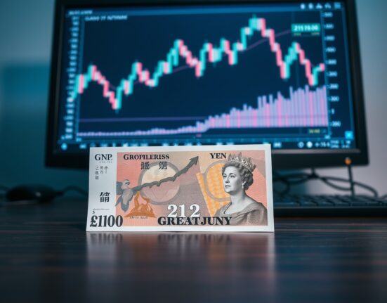 British Pound and Japanese Yen banknotes with a GBP/JPY chart showing a decline near 212.00