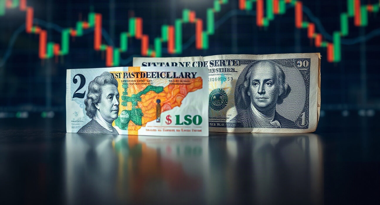British pound and US dollar banknotes on reflective surface with financial chart