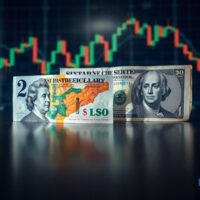 British pound and US dollar banknotes on reflective surface with financial chart