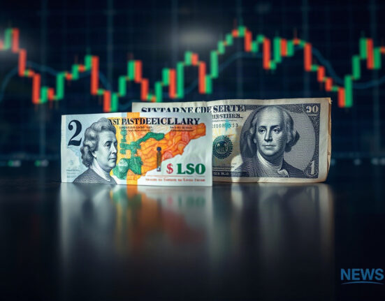 British pound and US dollar banknotes on reflective surface with financial chart
