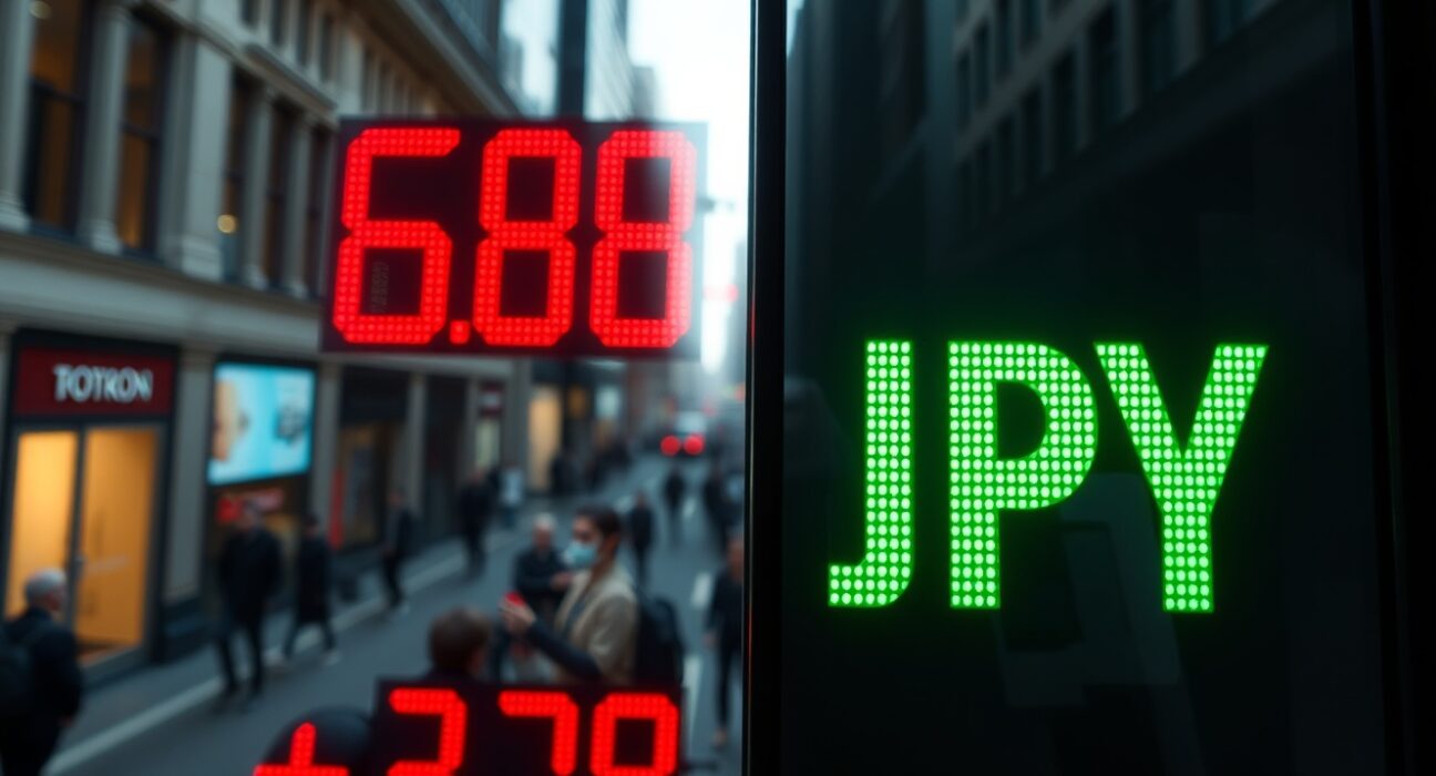 Currency exchange board showing GBP/JPY rates in a financial district