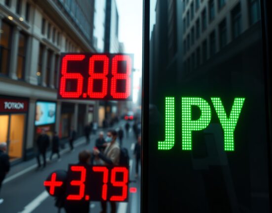 Currency exchange board showing GBP/JPY rates in a financial district