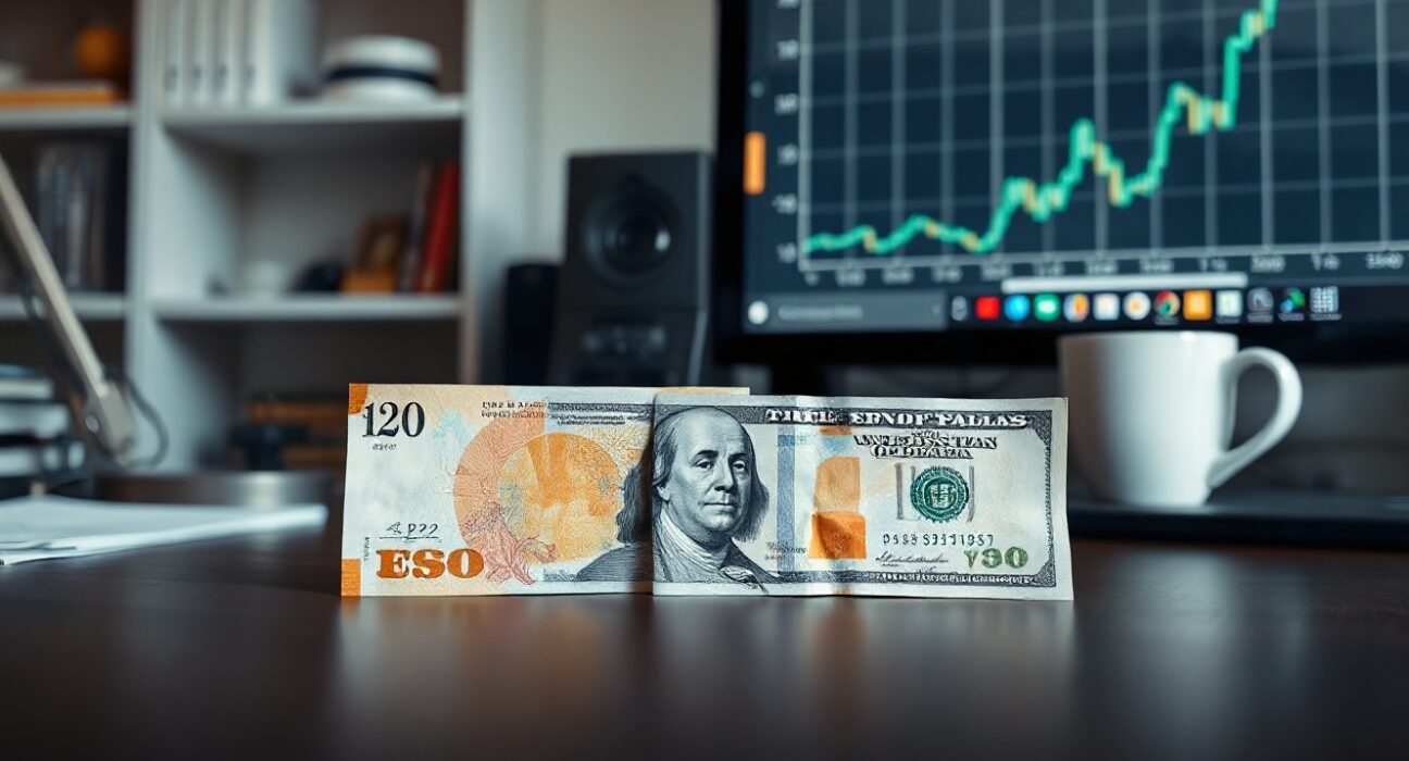 British pound and US dollar banknotes on a desk with a financial chart in the background.