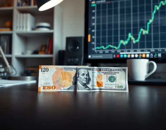 British pound and US dollar banknotes on a desk with a financial chart in the background.
