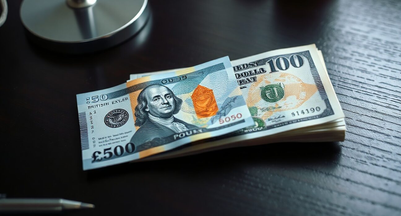 British pound and US dollar banknotes on a desk, representing GBP/USD currency pair analysis.