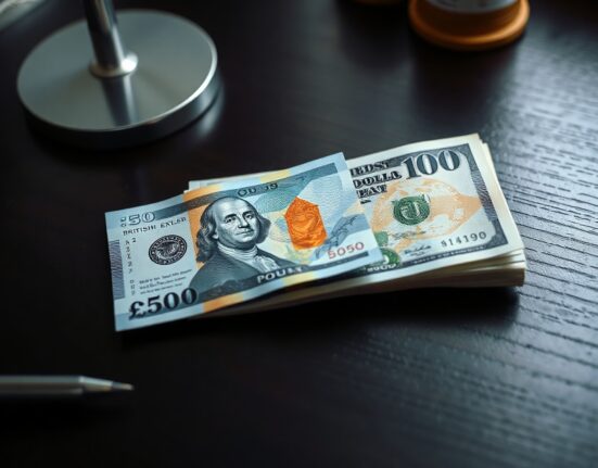 British pound and US dollar banknotes on a desk, representing GBP/USD currency pair analysis.
