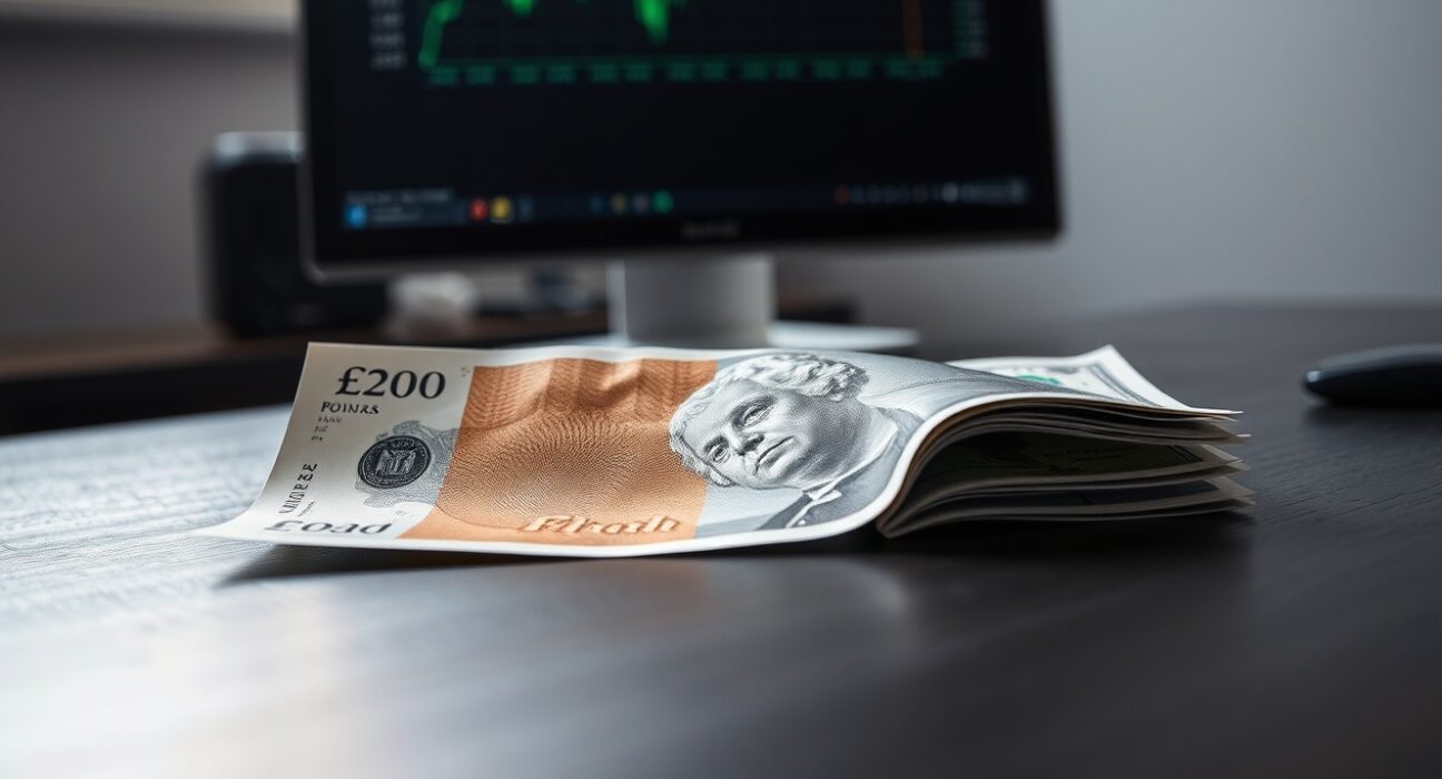 British pound note and US dollar bill on a desk with a financial chart in the background