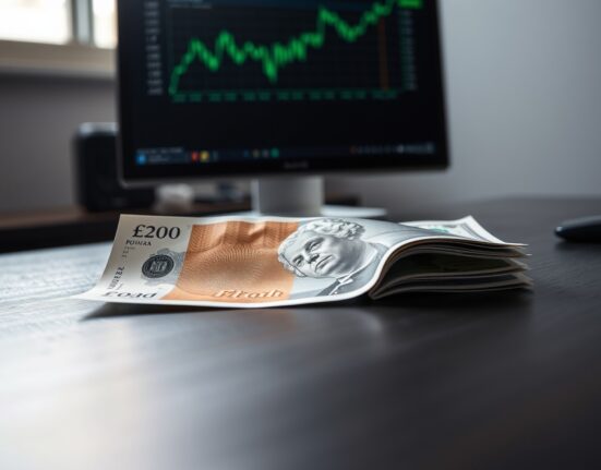 British pound note and US dollar bill on a desk with a financial chart in the background
