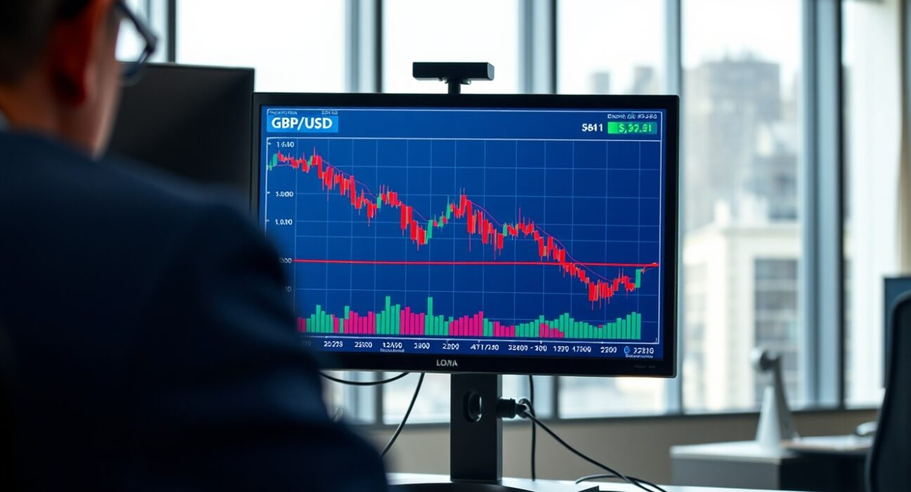Real-time forex chart shows British pound falling against US dollar as oil prices surge.