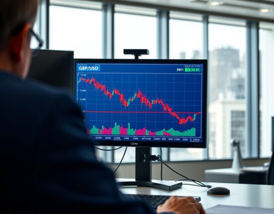 Real-time forex chart shows British pound falling against US dollar as oil prices surge.