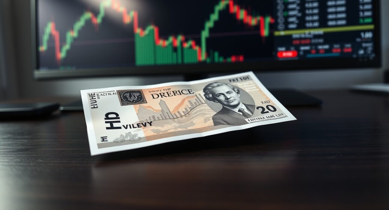 British pound note on a trading desk with a forex chart, reflecting a neutral market outlook.