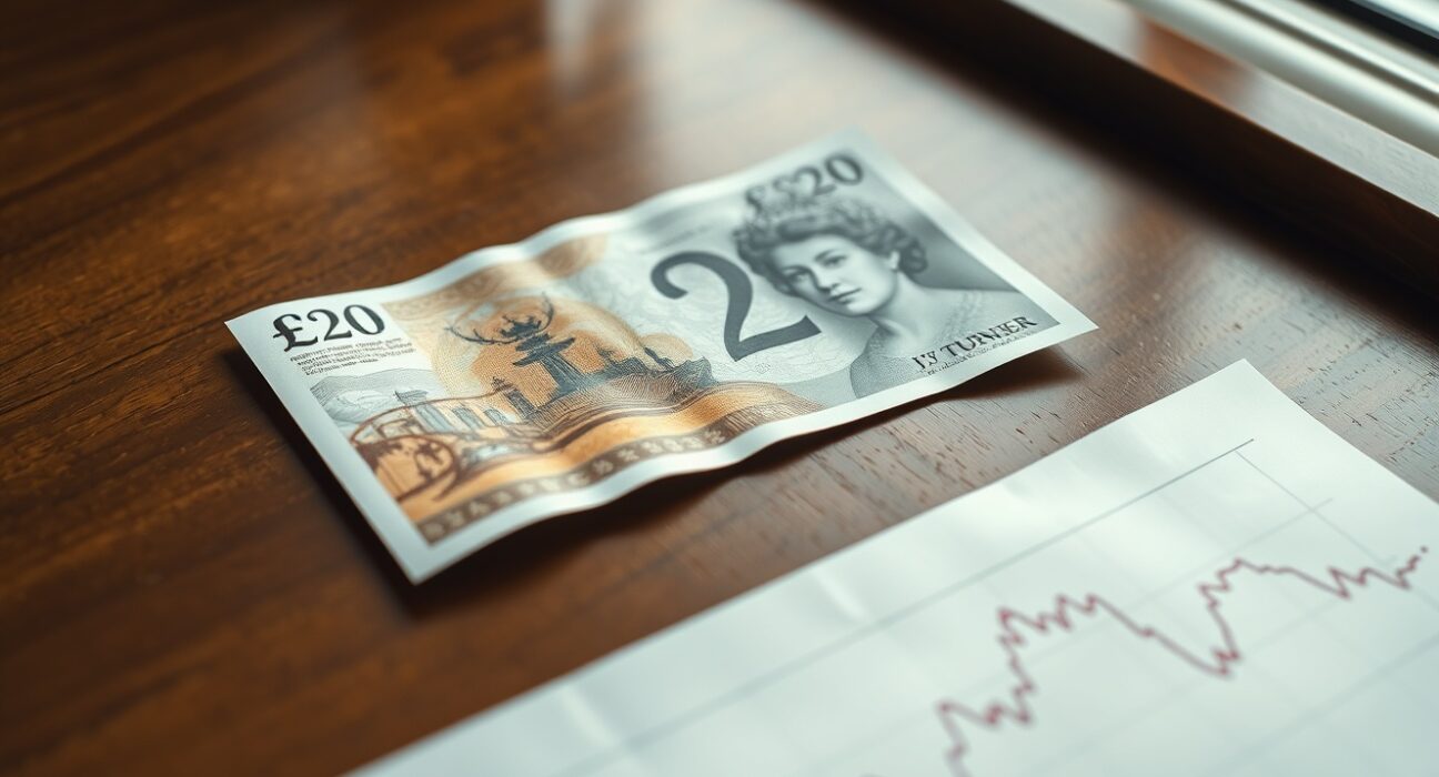 British pound banknote on desk with financial chart showing currency forecast
